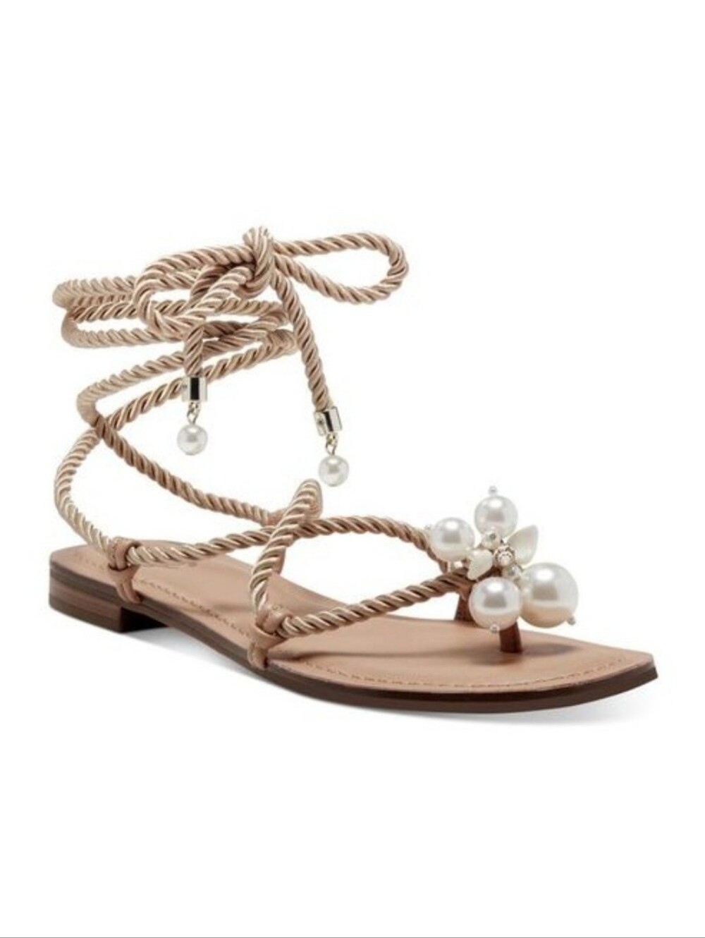 INC‎ Jerzi Rope Embellished Flat Sandals Sz 5.5 Pearls Seashells Beachy Nautical